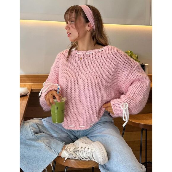 Womens Y2K Pullover Sweater Knit Loose Fit Bow Lace Up Going Out Top - Picture 3 of 6